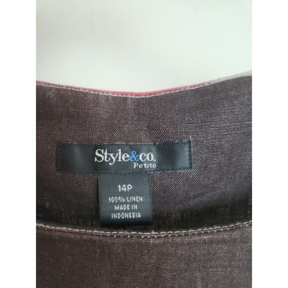 NWT Style & Co. A-Line Tie Waist Brown, White, Red, 100% Linen Midi Dress sz 14P - Picture 6 of 10